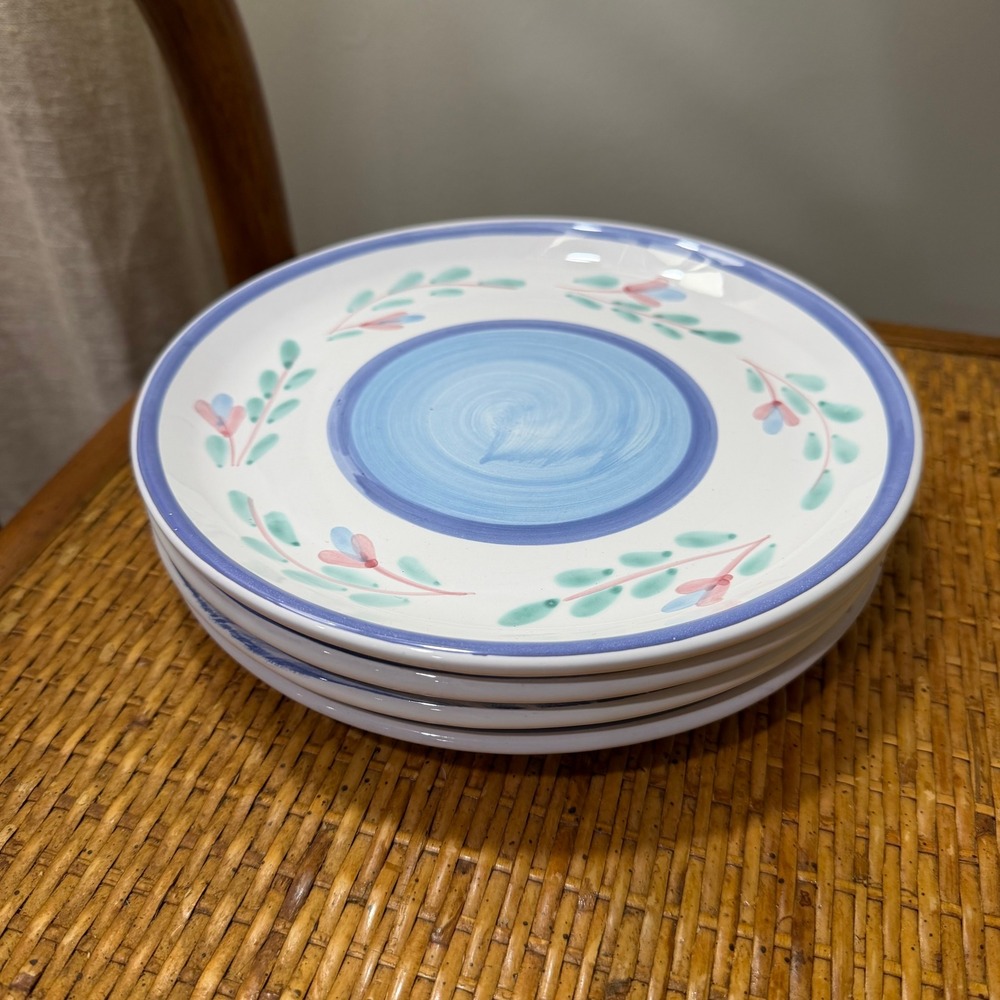 Caleca Blue Garland Hand Painted Italy Blue Floral Salad Plates Set of 4 ~8in